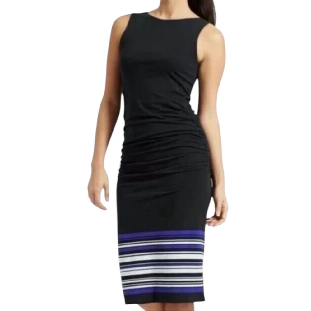 Athleta black cotton stretch midi dress with blue stripes & ruched sides $85 - M
